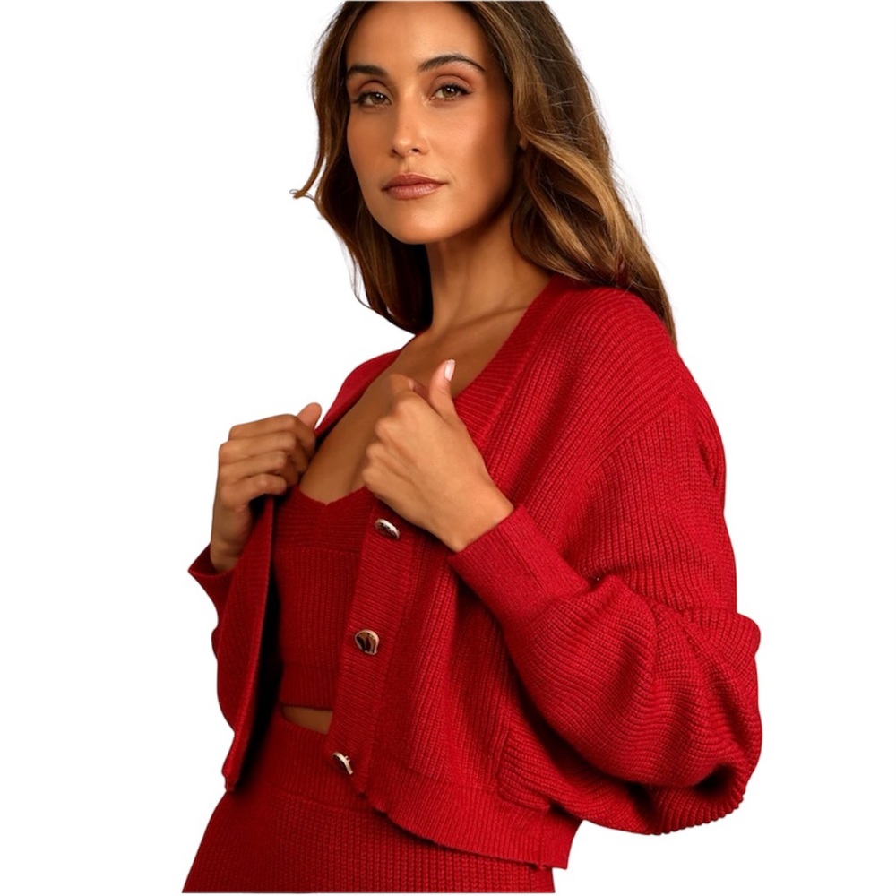 Lulu's Red Ribbed Knit Cardigan and Tank Cropped Sweater Set Cozy Chic Luxe